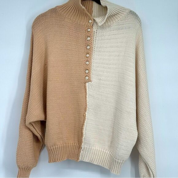 POL Pearl Details Sweater Beige Ivory Chunky Cozy RibTurtleneck Size Medium - Picture 1 of 8